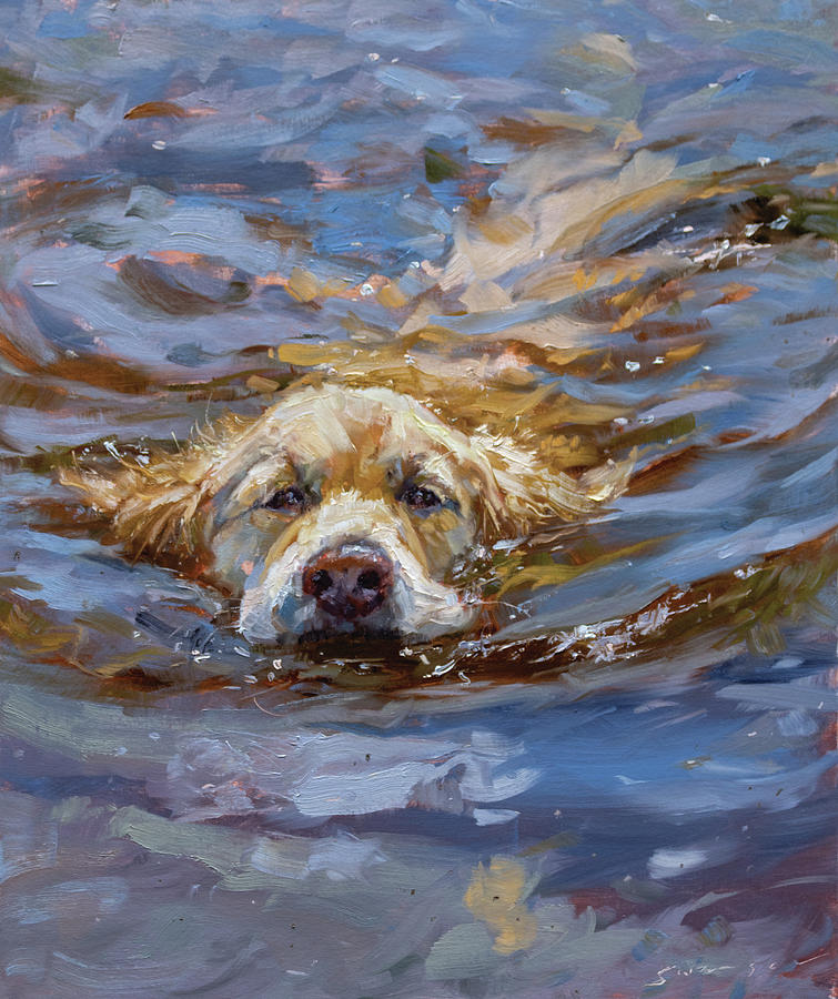 Dog Painting - Golden in Blue and Gray Water by James Swanson