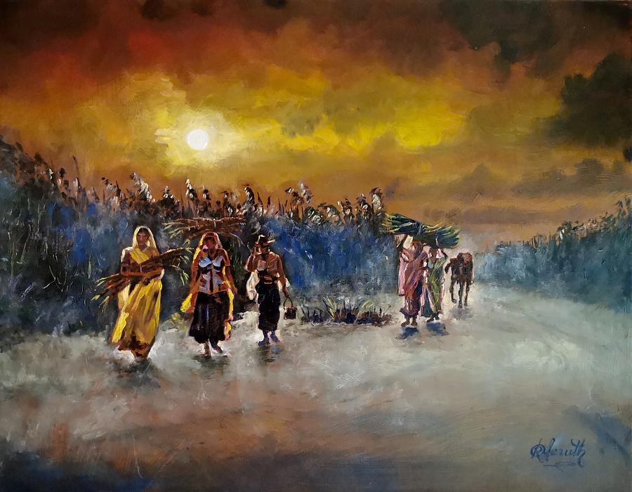 Golden journey home from the fields of Mauritius  Painting by Raouf Oderuth