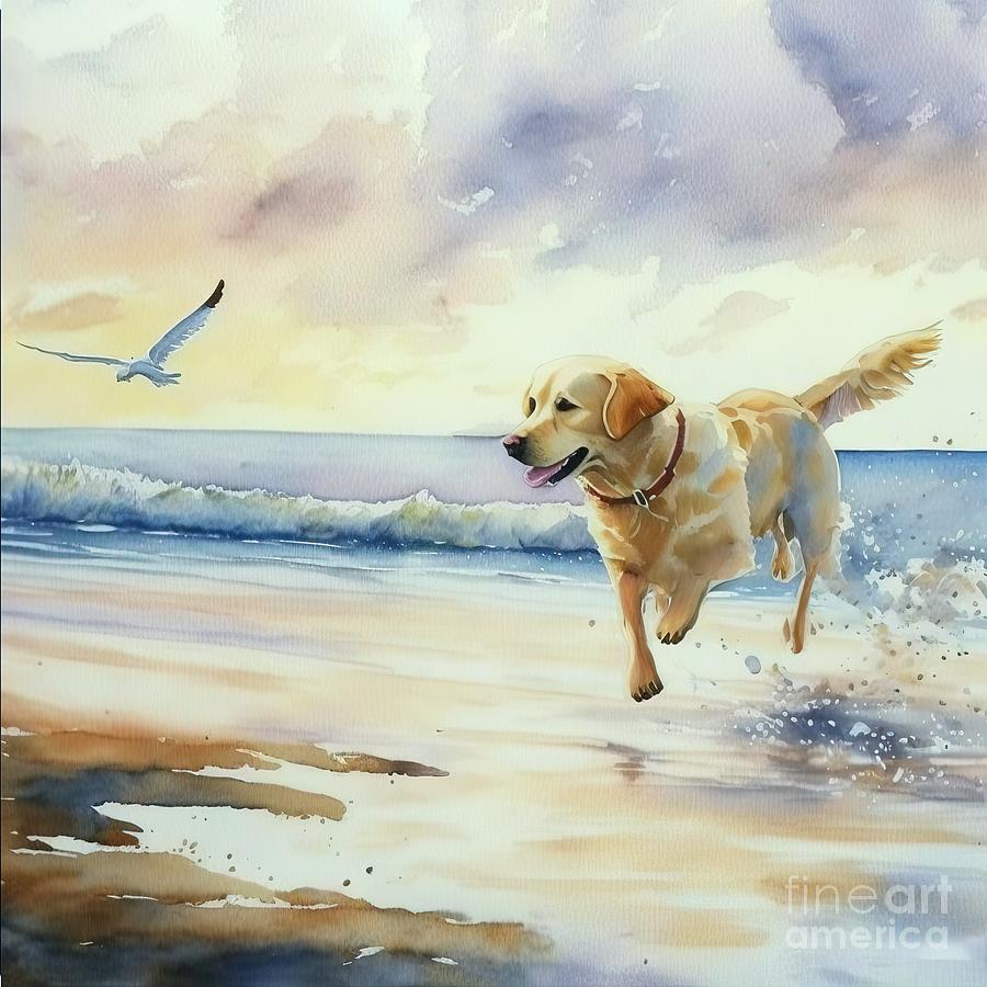 Summer Painting - golden Labrador at beach by N Akkash
