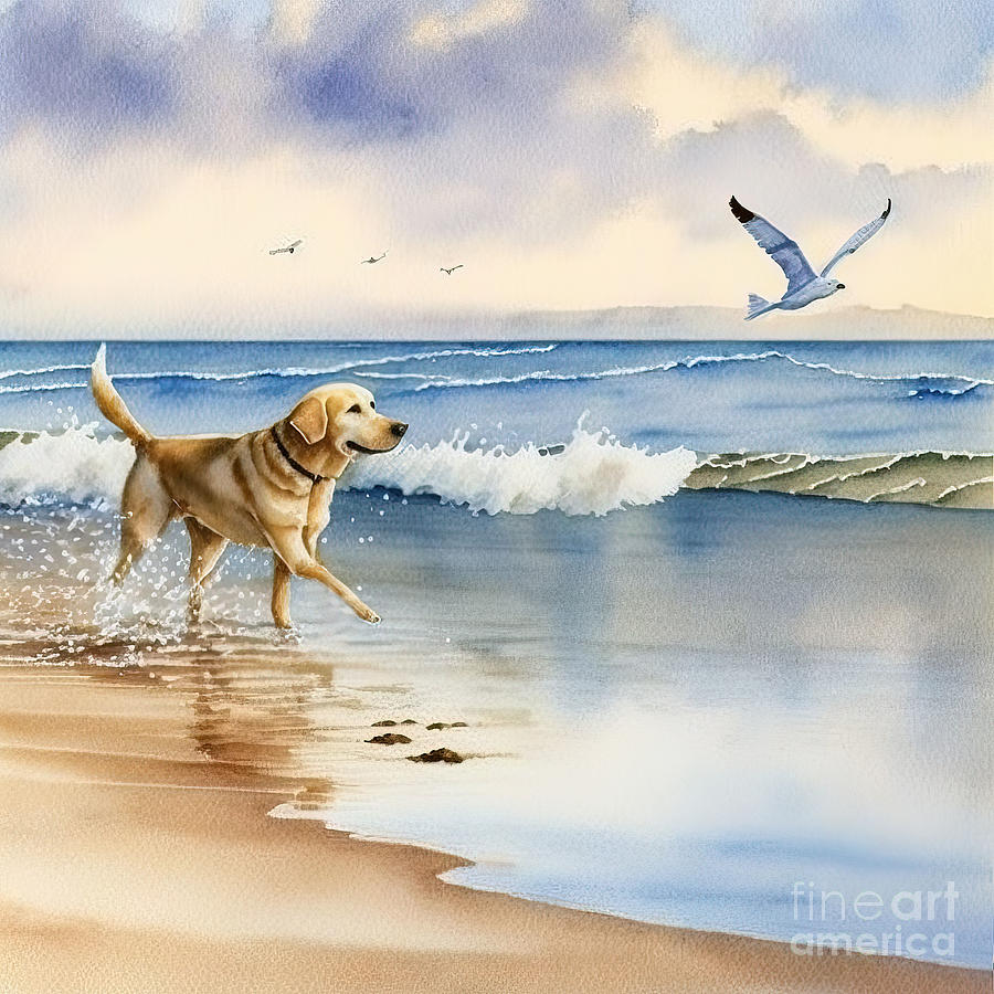 Summer Painting - golden Labrador running at beach by N Akkash