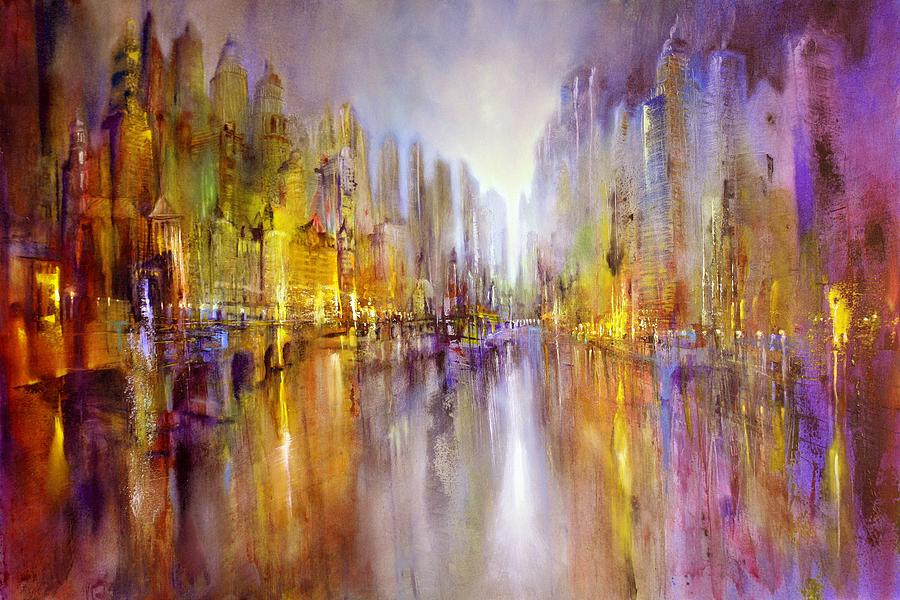 Golden lights in the city at the riverside Painting by Annette Schmucker