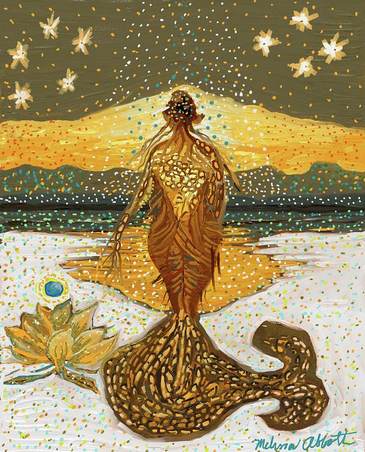 Golden Lotus Blue Pearl Mermaid with Stars Painting by Melissa Abbott