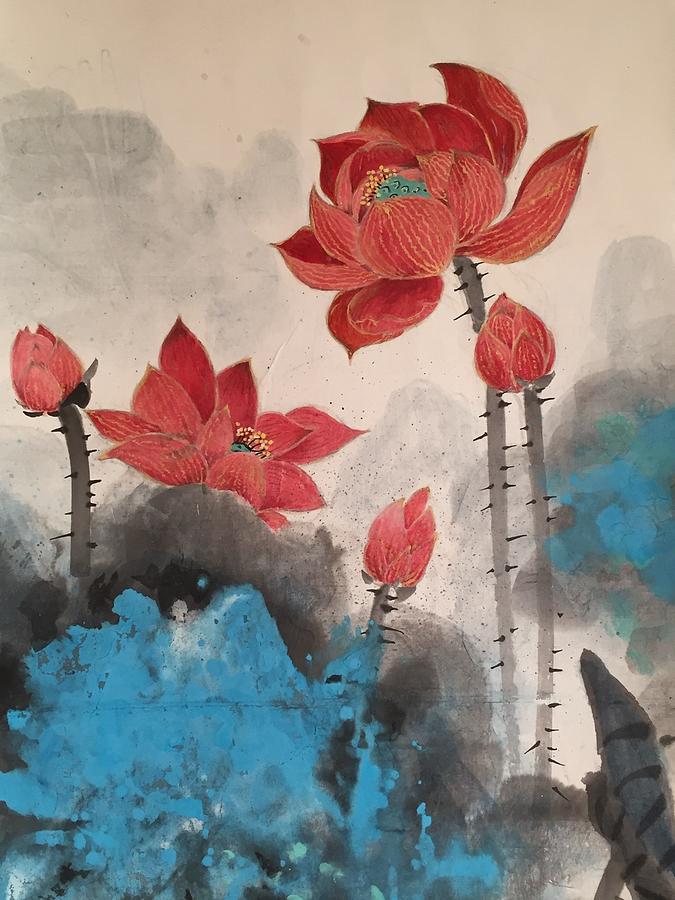 Golden Lotus Painting by Vina Yang