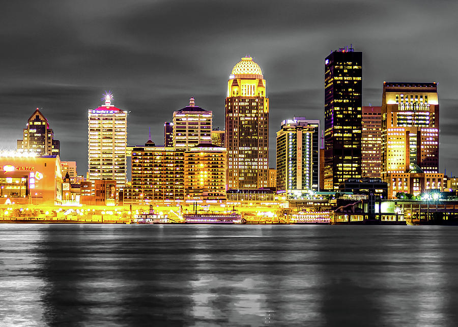 Black And White Photograph - Golden Louisville Skyline Over The Ohio River by Gregory Ballos