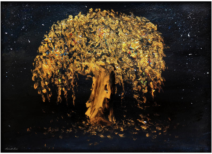 Golden magical tree in dark abstract painting Painting by Anirudh Soni ...