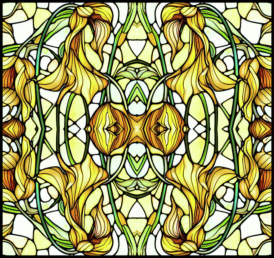 Golden Maidens Fantasy Flowers Faux Stained Glass Panel  Mixed Media by Shelli Fitzpatrick