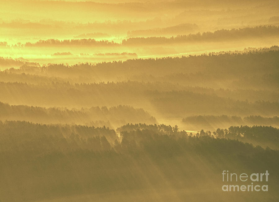 Golden Mist Valley Hills and Mountain Range Rural Landscape Photography Photograph by PIPA Fine Art - Simply Solid