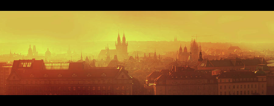 Golden Misty Prague Panorama with Black Frames Photograph by Jenny Rainbow