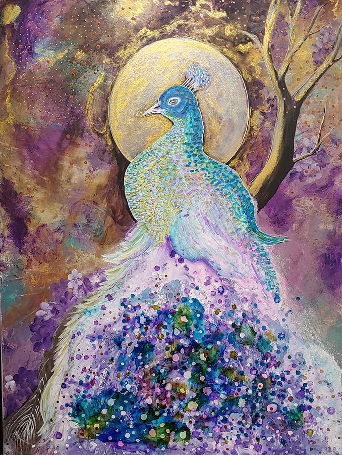 Golden Moon Peacock Painting by Alma Yamazaki