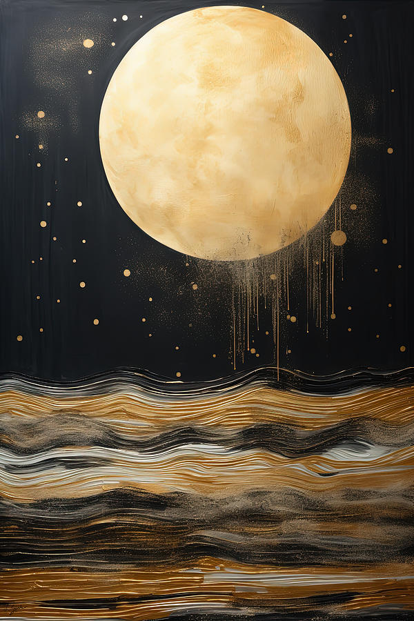 Golden Painting - Golden Moon Seascape Art by Lourry Legarde