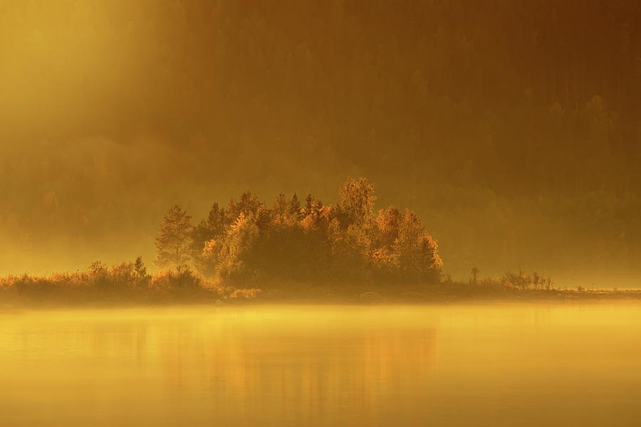 Golden morning sunshine is illuminating haze rising over a small Photograph by Ulrich Kunst And Bettina Scheidulin