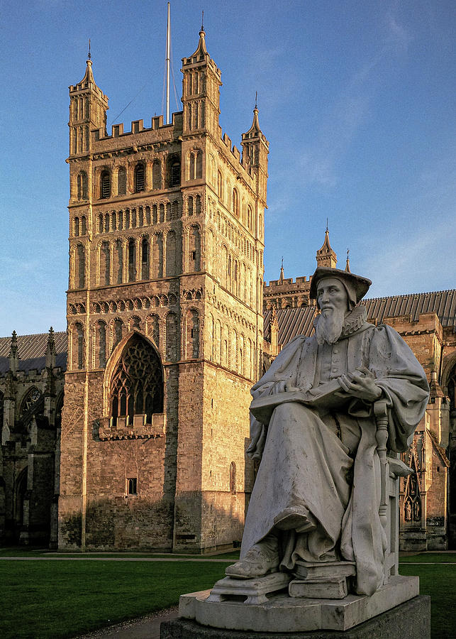 Golden North Tower Exeter Cathedral And Hooker Statue Devon Photograph by Richard Brookes