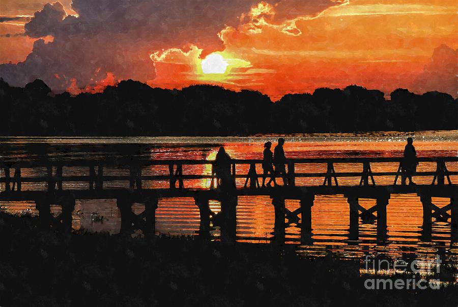 Golden orange sunset over Lake Mineola at the pier in Clermont Florida USA Photograph by William Kuta