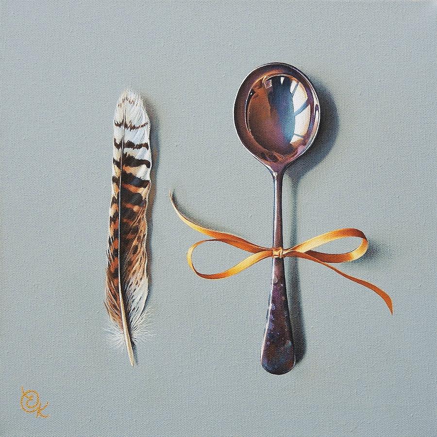 Spoon Still Life Painting - Golden pair by Elena Kolotusha