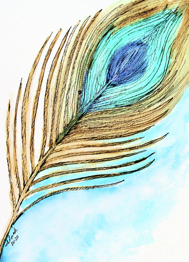 Golden Peacock Feather Painting by Alorah Tout