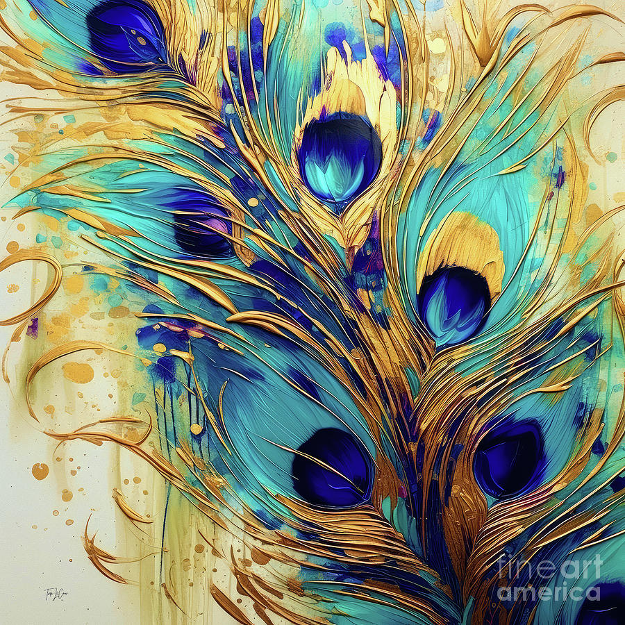 Golden Peacock Feathers Painting by Tina LeCour
