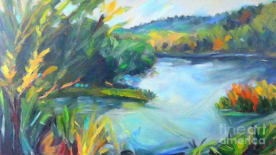 Abstract Painting - Golden Pond View Painting pond east bay california hills golden hills bay area lake lafayette reservoir abstract acrylic art autumn backdrop background beautiful blue brush canal colorful creative by N Akkash