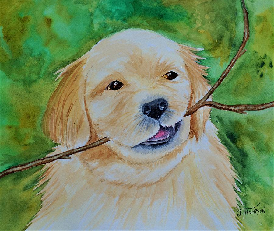 Golden Retriever Painting - Golden Puppy Retrieving by Judy Thompson