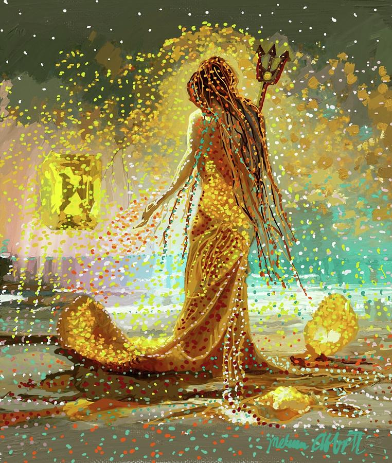 Golden Ratna Mermaid with Golden Jewels and Trident Painting by Melissa Abbott