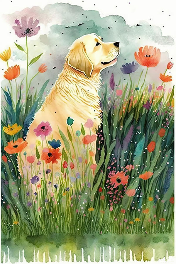 Golden Retriever amongst the flowers Field Digital Art by Debbie Brown
