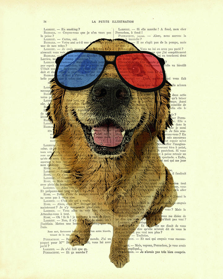 Movie Mixed Media - Golden retriever and 3D glasses, funny movie dog by Madame Memento