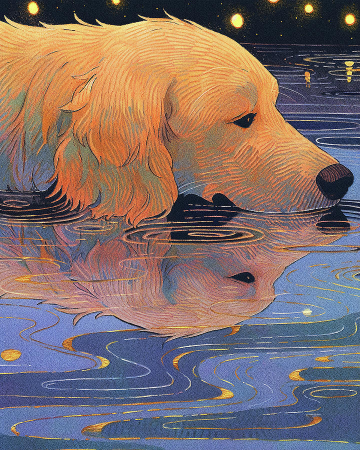 Dog Painting - Golden Retriever dog with starry sky and water 002 by Erina Star