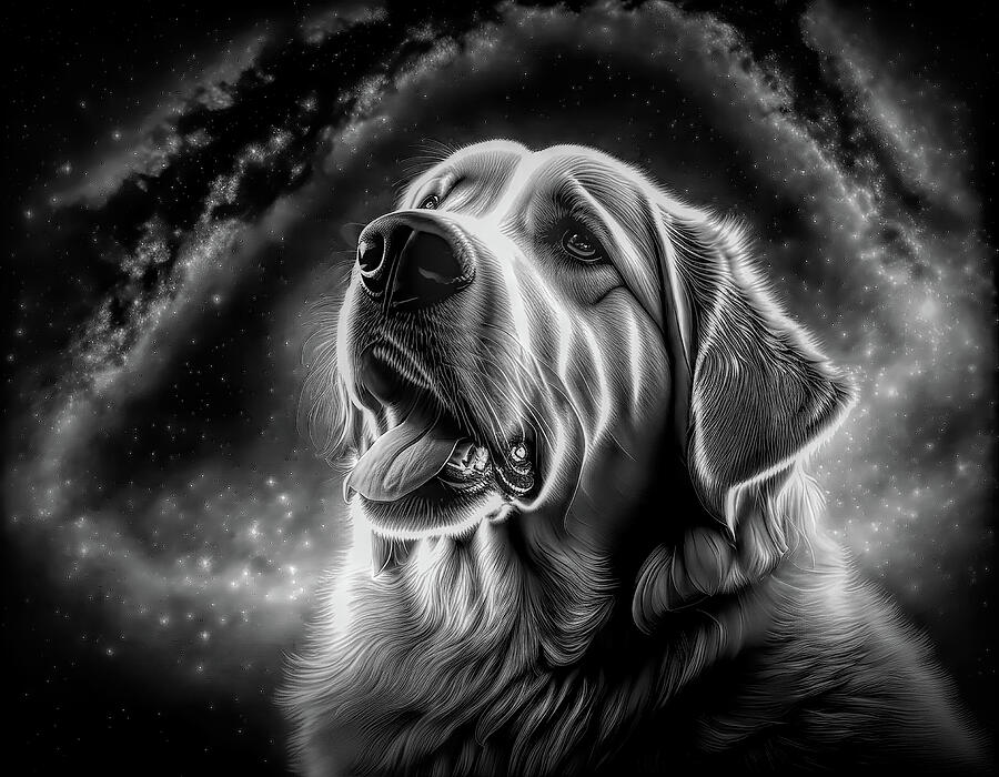 Golden Retriever in the Stars Monochrome Ai Art by AI Digital Golden Retriever in the Stars Monochrome Ai Art by AI Digital