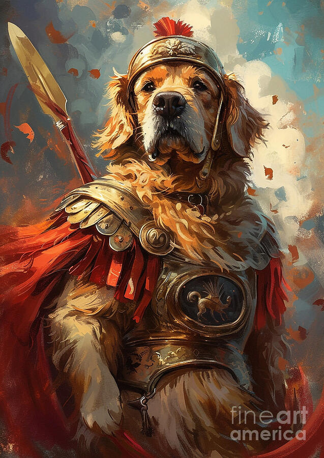 Dog Painting - Golden Retriever - outfitted in Roman soldier regalia by Adrien Efren