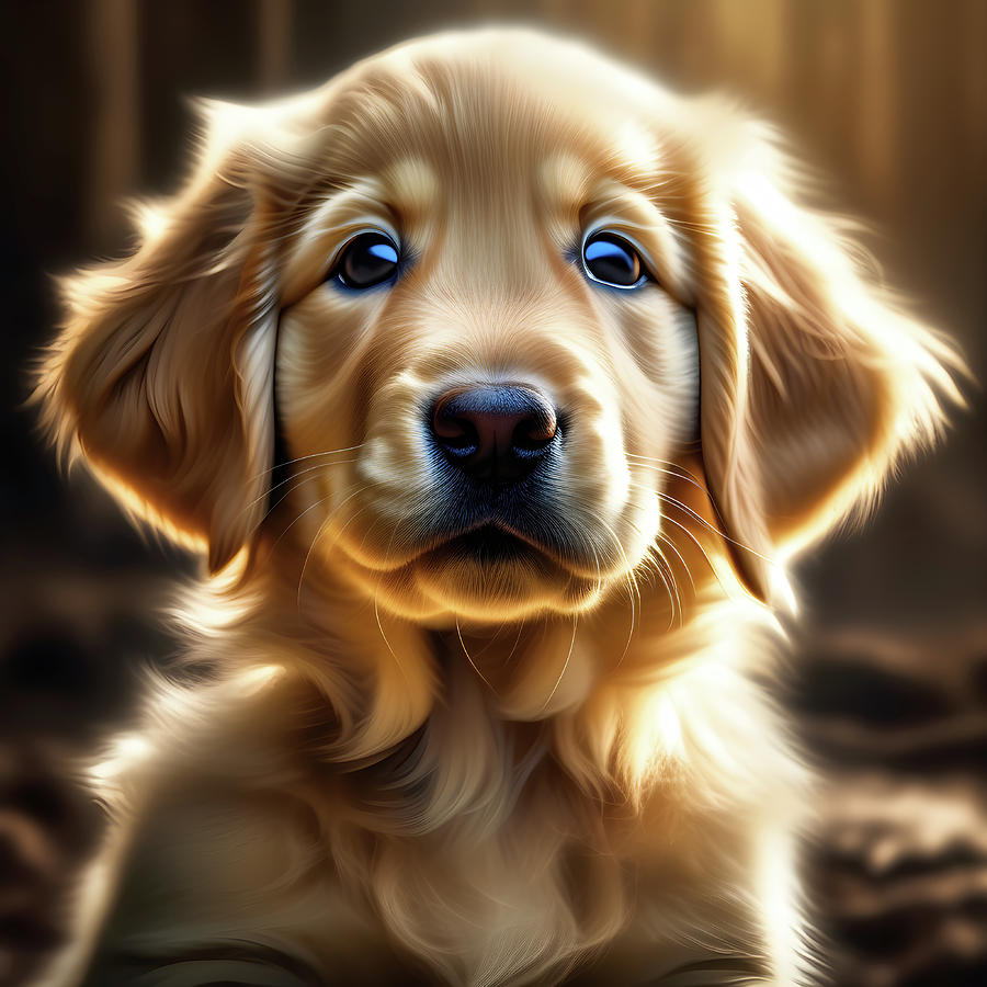 Golden retriever puppy image shown close-up. Digital Art by Ray Shrewsberry