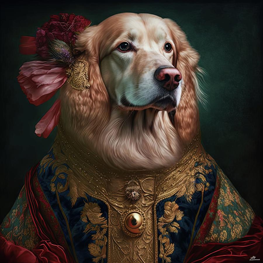Golden retriever wearing a beautiful costume Painting by Vincent Monozlay