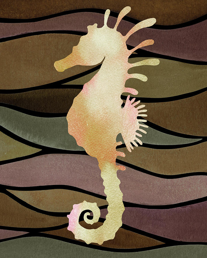 Golden Seahorse Brown Waves Watercolor Decor Painting by Irina Sztukowski