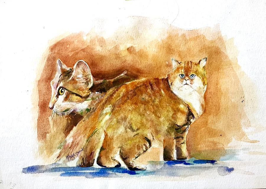 Cat Painting - Golden shaded cats by Khalid Saeed