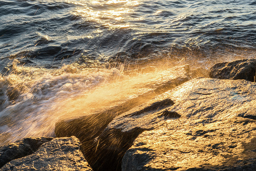 Golden Shower on the Rocks - Slo Mo Waves and Sunlight Photograph by Georgia Mizuleva