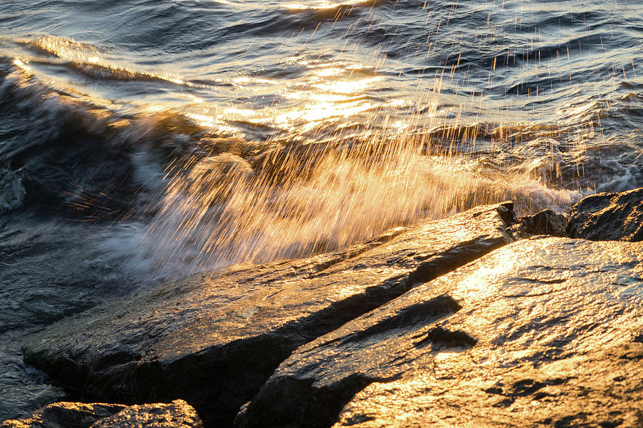 Golden Shower on the Rocks - Slo Mo Waves and Sunshine Photograph by Georgia Mizuleva