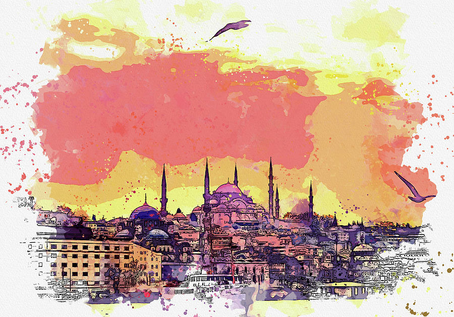 Golden skies in Istanbul, ca 2021 by Ahmet Asar, Asar Studios Painting by Celestial Images