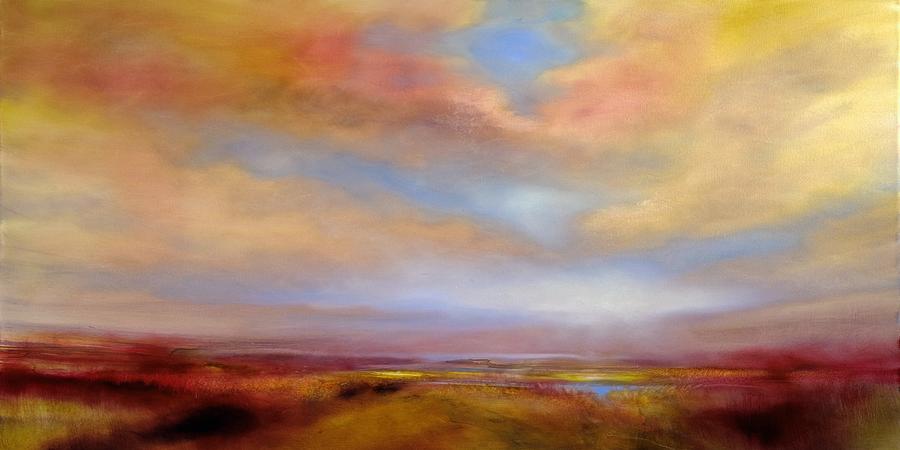 Golden sky in heathland Painting by Annette Schmucker