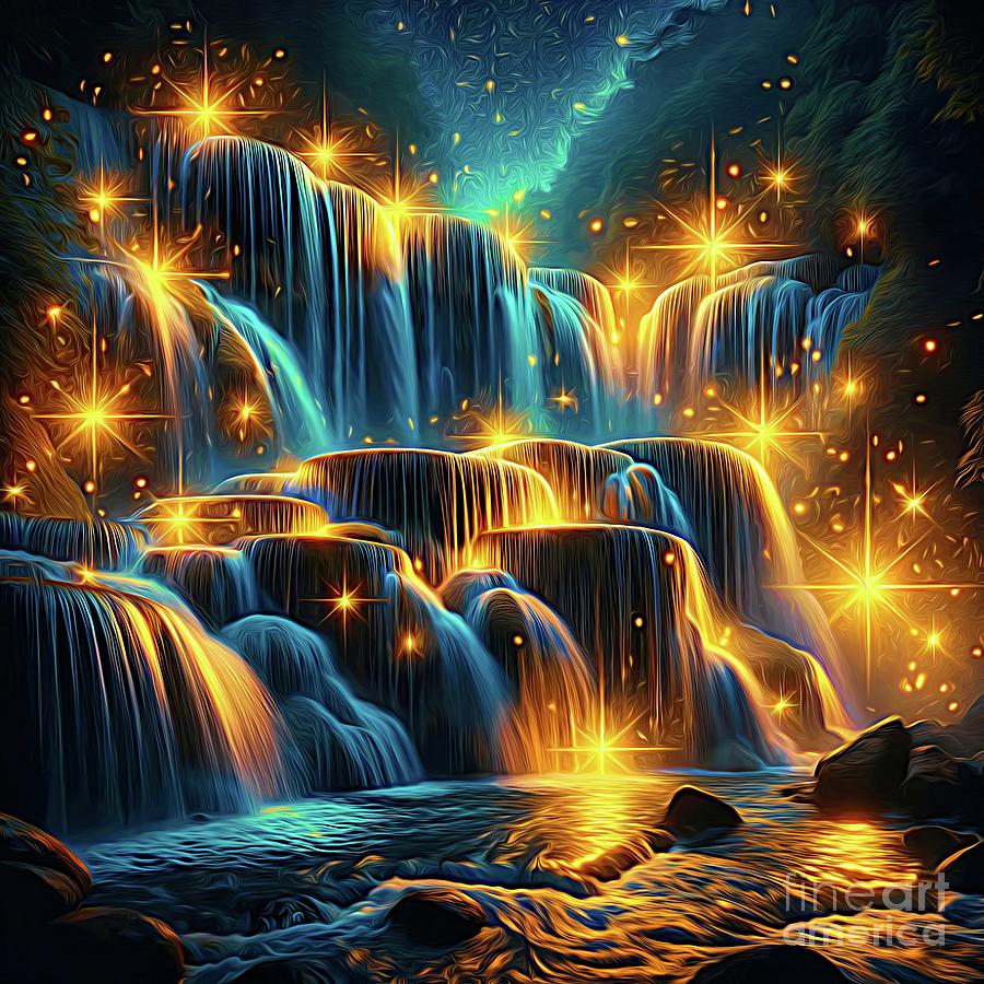 Waterfall Digital Art - Golden Starlit Waterfall Cascades Expressionist Effect by Rose Santuci-Sofranko