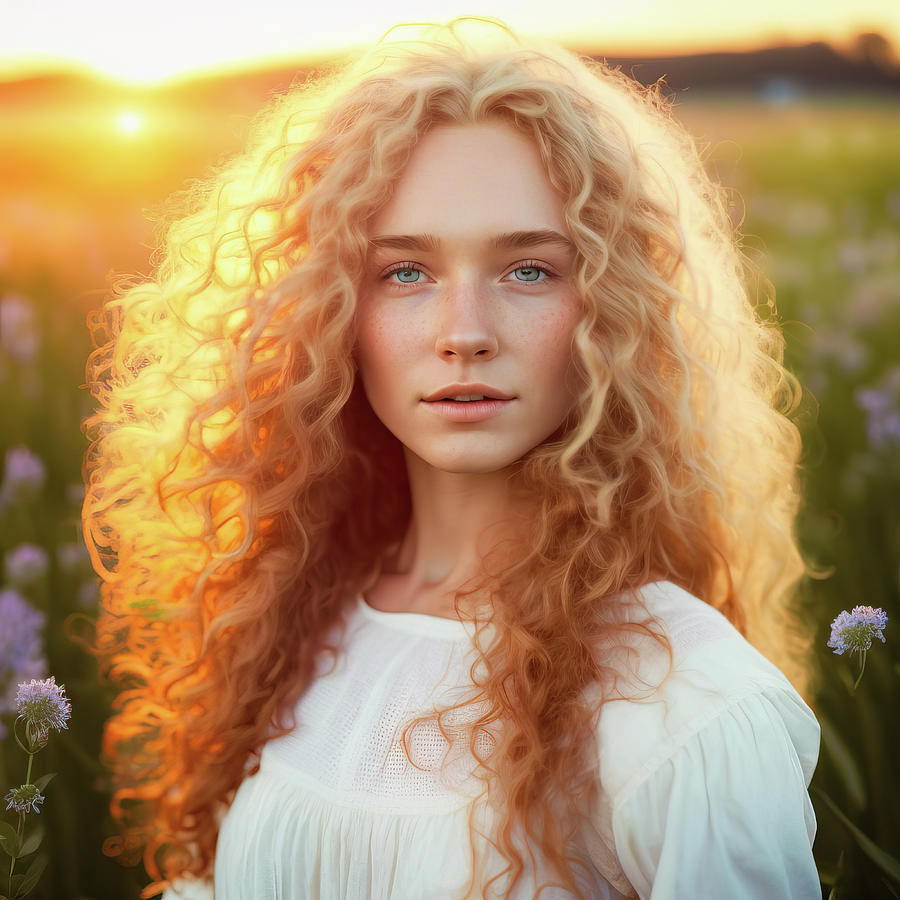 Golden Summer Girl 04 Curly Hair Digital Art by Matthias Hauser