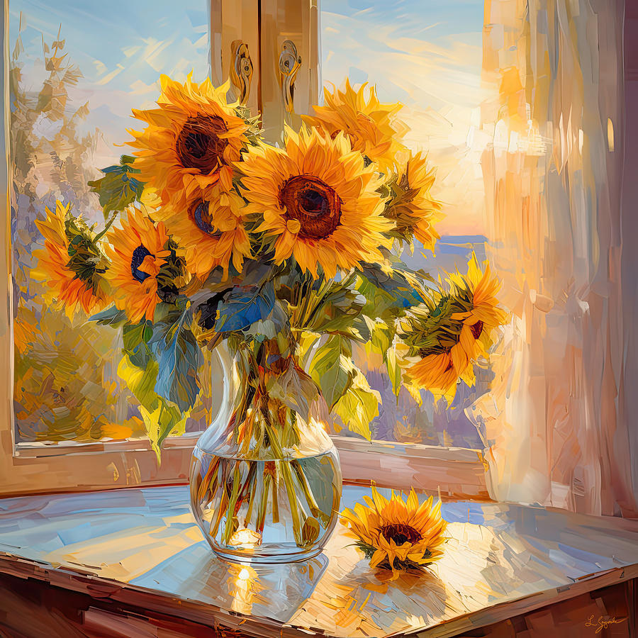 Golden Sunlight - Sunflowers in a Vase Paintings Digital Art by Lourry Legarde