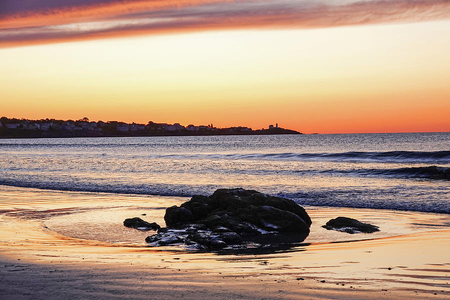 Golden Sunrise on York Beach looking towards the Nubble Lighthouse York Maine Photograph by Toby McGuire
