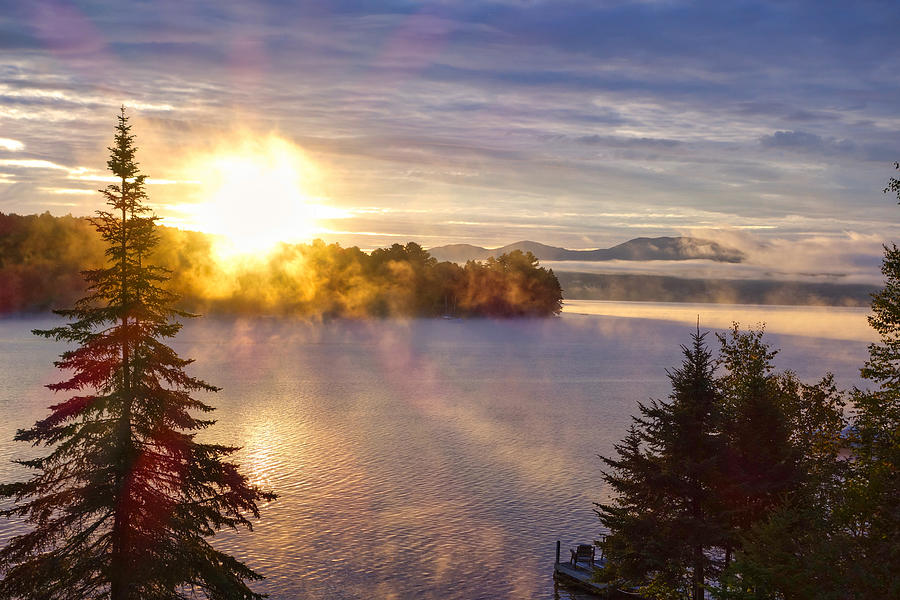 Golden Sunrise Pink Sun Rays Over Maine Lake Photograph by Russel Considine