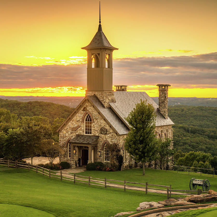 Golden Sunset And Glorious Light At Chapel Of The Ozarks Photograph by ...