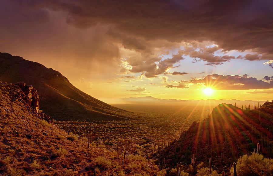 Golden Sunset and Storm at Gates Pass Photograph by Chris Anson