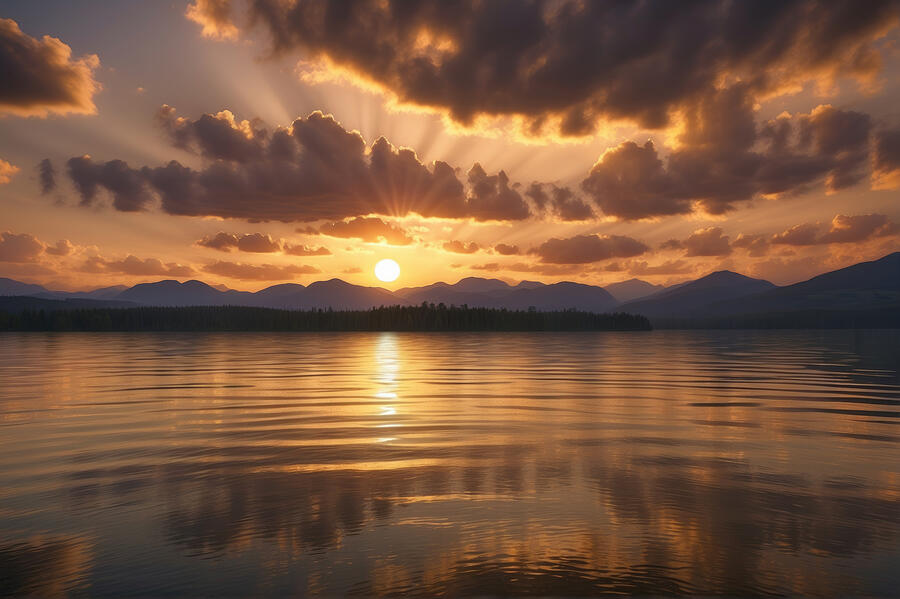 Golden Sunset at a Lake Digital Art by Mark Greenberg