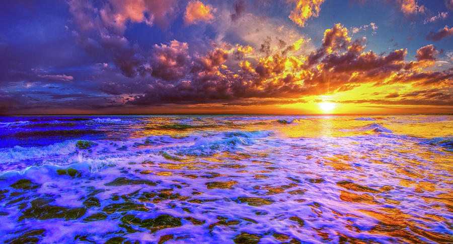 Golden Sunset Blue Waves Dark Sea Photograph by Eszra Tanner