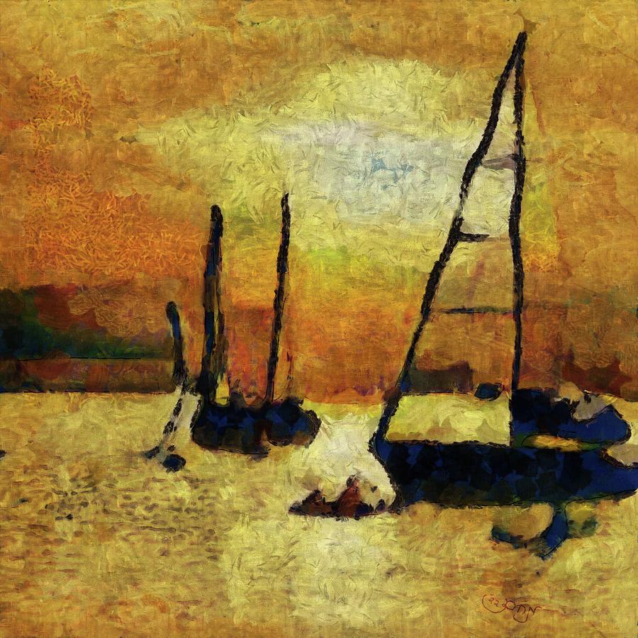 Sailboats Painting - Golden sunset sailboats at ocean marina with waves and surf sailing captain of boats in the sunset by MendyZ