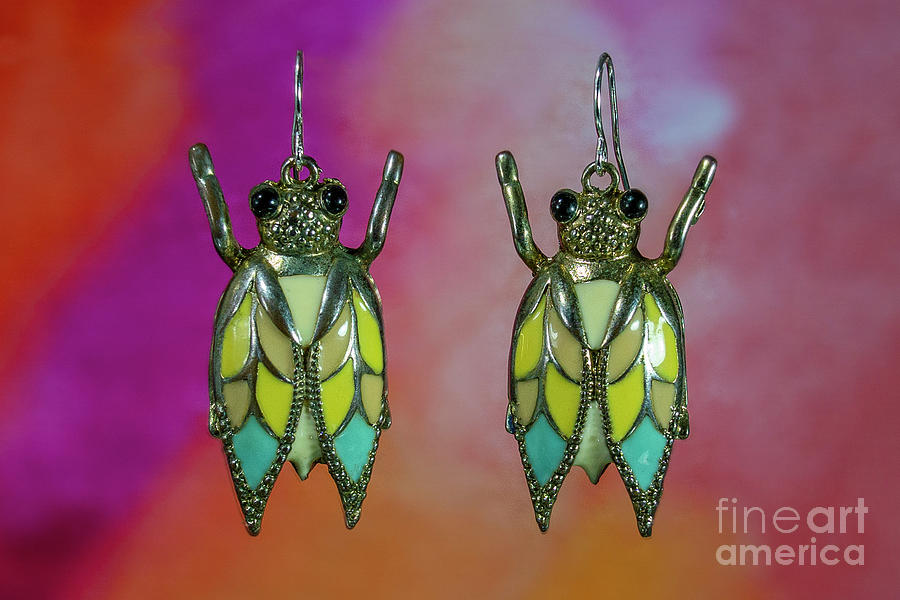 Golden Turquoise Yellow Enameled Metal Beetle Earrings Color background Photograph by Pablo Avanzini