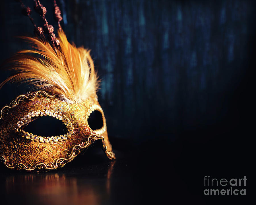 Golden Venetian mask on dark blue background Photograph by Jelena Jovanovic
