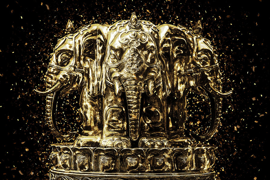 Golden Wall-Art - Elephants Buddha Digital Art by Philippe HUGONNARD