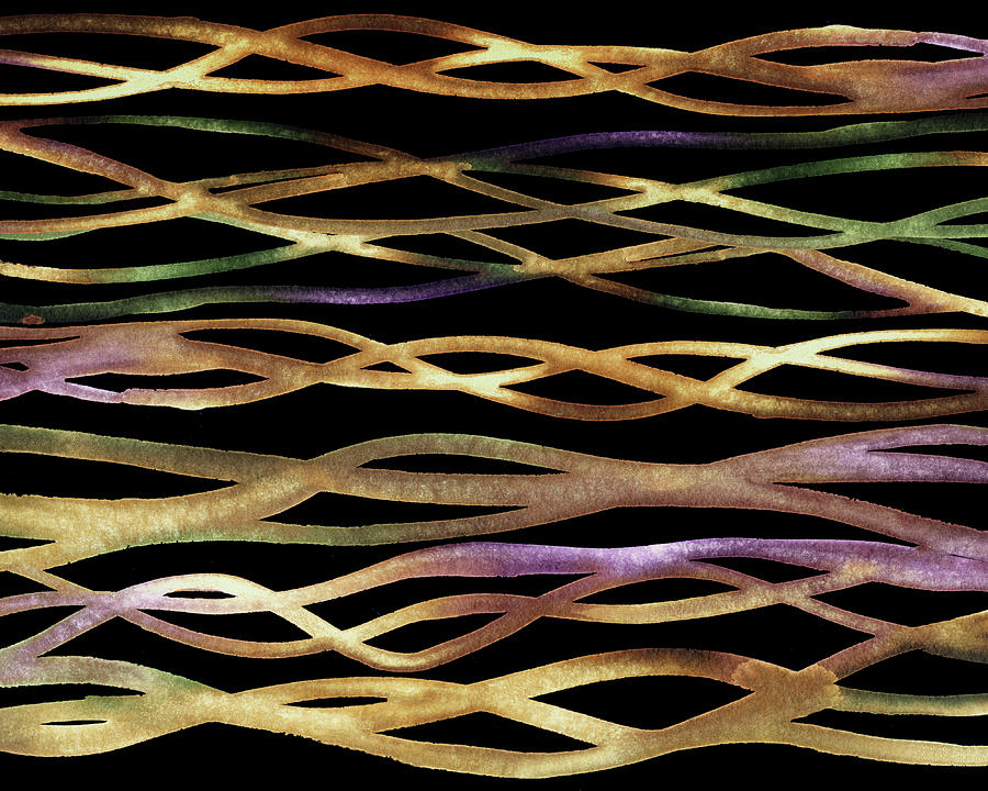 Golden Waves On Black Watercolor Abstract Lines  Painting by Irina Sztukowski